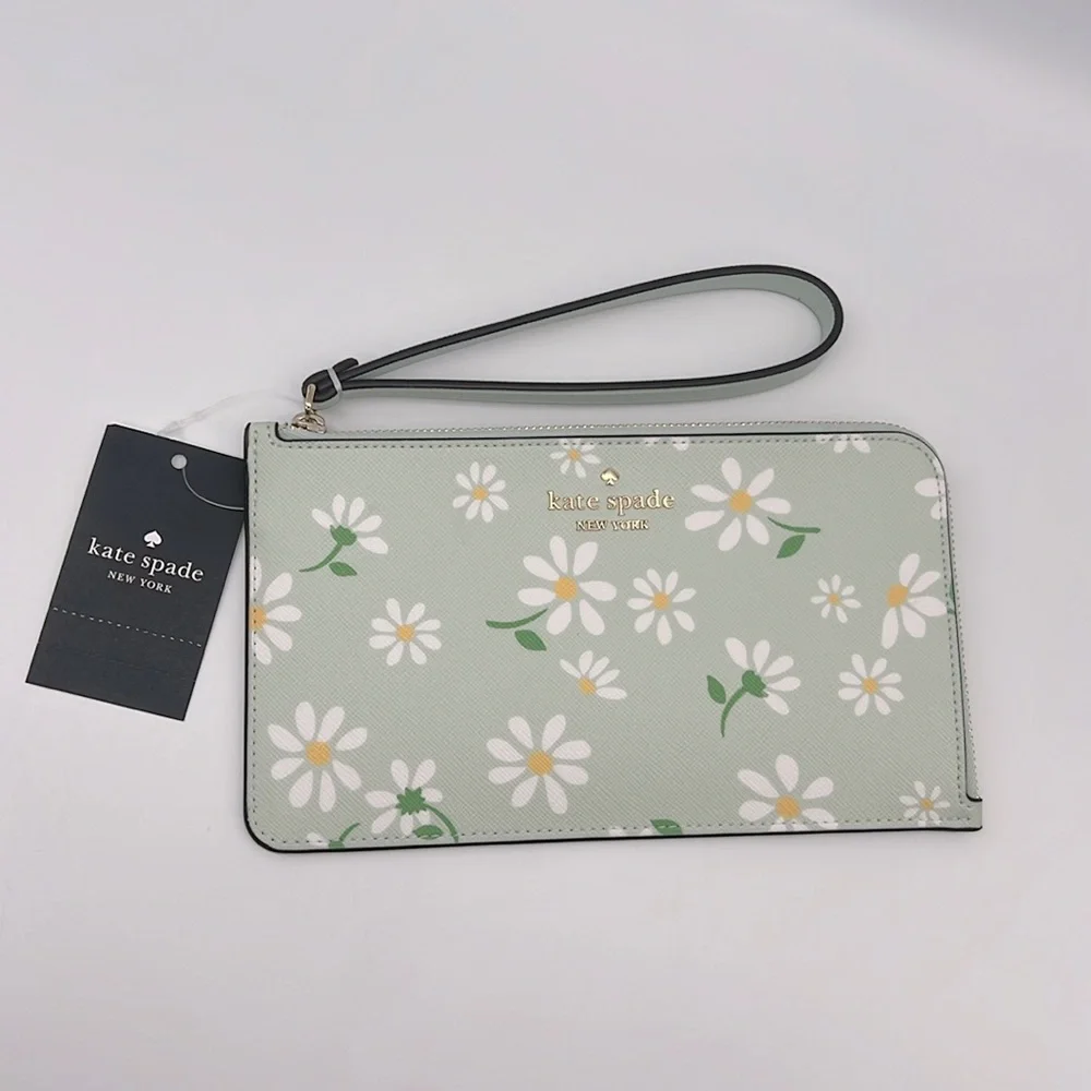 Kate Spade Lucy Day Tripper Daisy Medium L-Zip Wristlet Green White - Picture 1 of 12